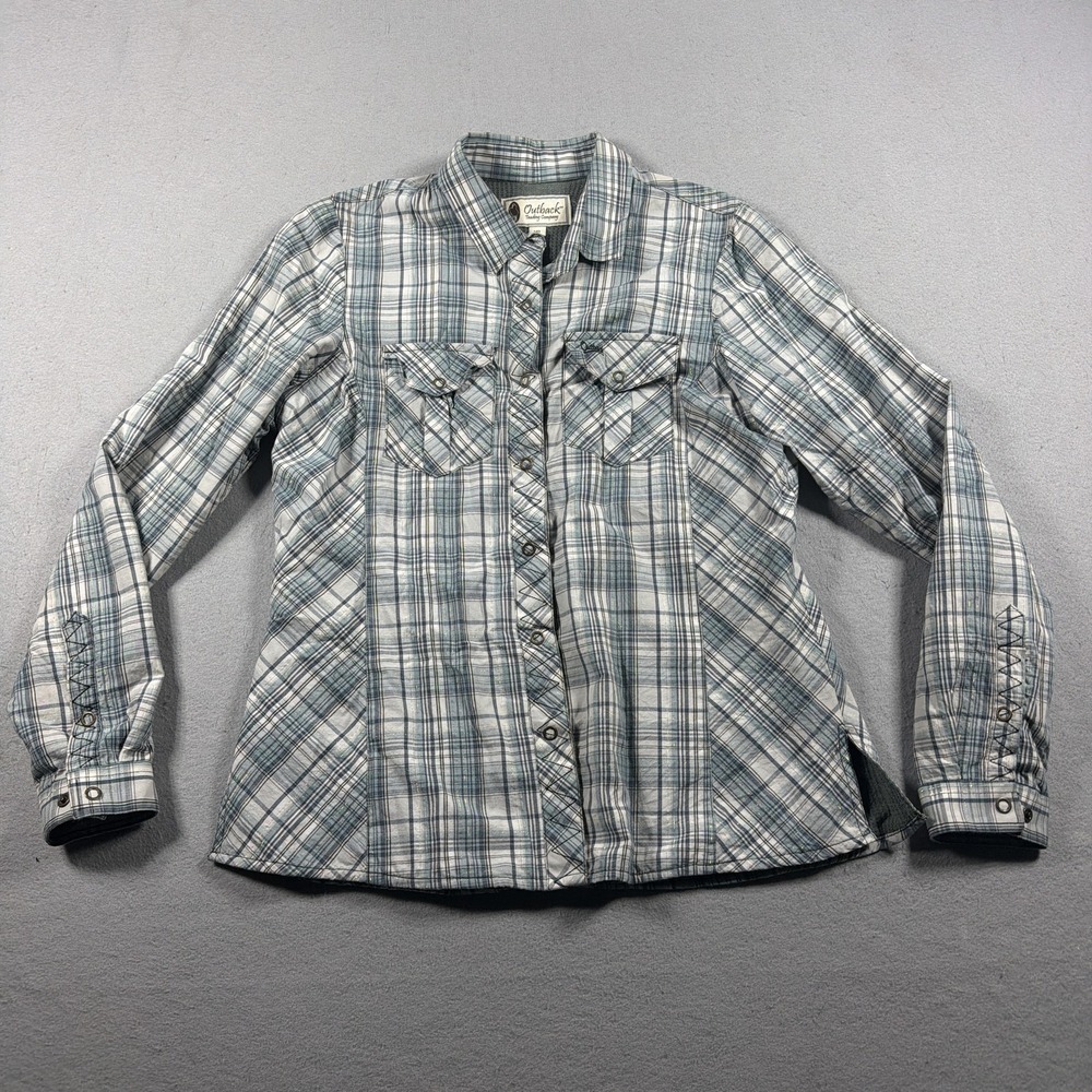Outback Trading Co Darla Shirt Women M Blue Plaid Snap Lined Thermal Western